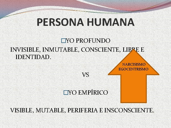 PERSONA HUMANA �YO PROFUNDO INVISIBLE, INMUTABLE, CONSCIENTE, LIBRE E IDENTIDAD. VS NARCISISMO EGOCENTRISMO �YO