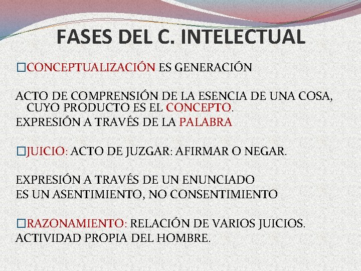 FASES DEL C. INTELECTUAL �CONCEPTUALIZACIÓN ES GENERACIÓN ACTO DE COMPRENSIÓN DE LA ESENCIA DE