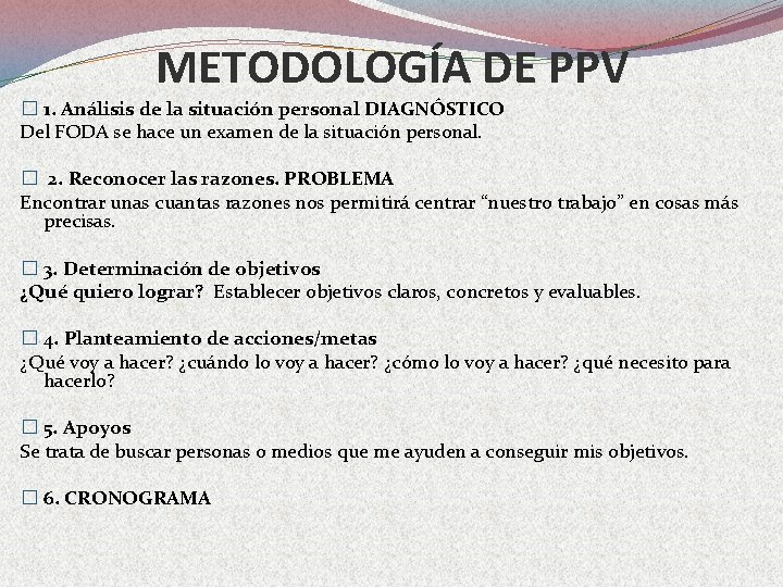 METODOLOGÍA DE PPV � 1. Análisis de la situación personal DIAGNÓSTICO Del FODA se