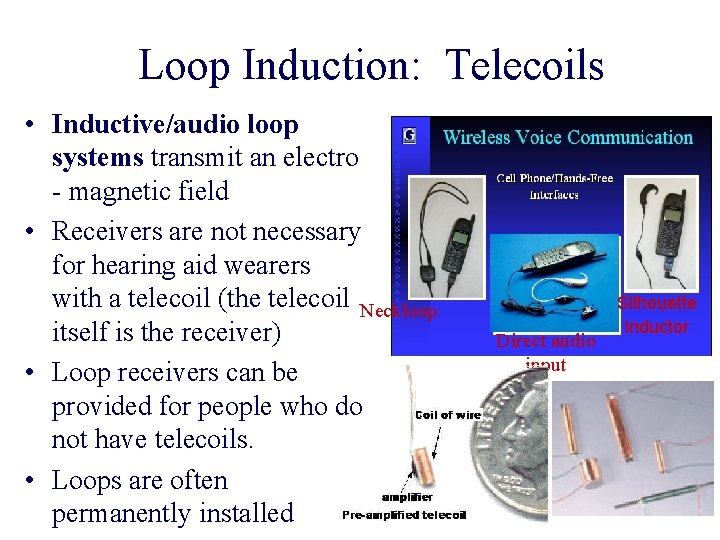 Loop Induction: Telecoils • Inductive/audio loop systems transmit an electro - magnetic field •