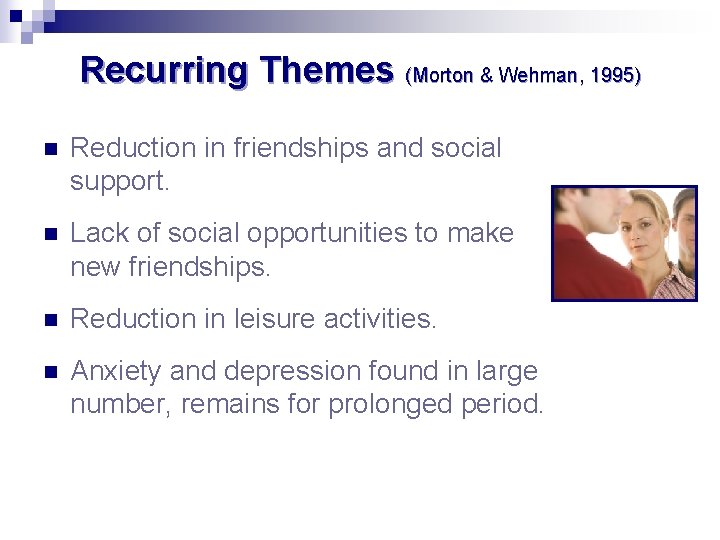 Recurring Themes (Morton & Wehman, 1995) n Reduction in friendships and social support. n