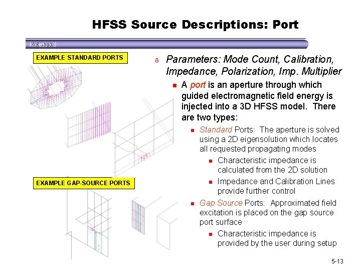 HFSS Source Descriptions: Port EXAMPLE STANDARD PORTS ò Parameters: Mode Count, Calibration, Impedance, Polarization,