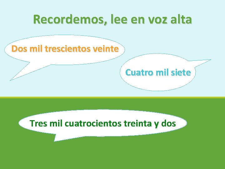 Recordemos, lee en voz alta Dos mil trescientos veinte Cuatro mil siete Tres mil