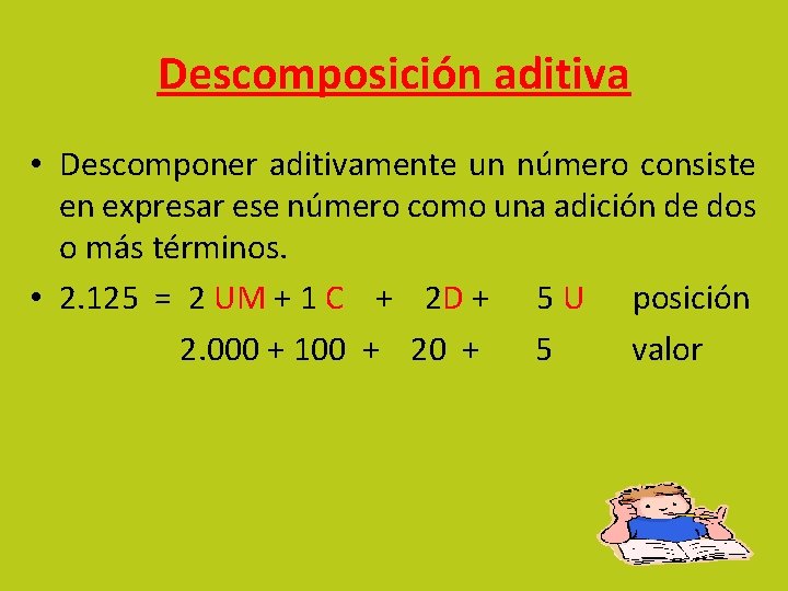 Descomposición aditiva • Descomponer aditivamente un número consiste en expresar ese número como una