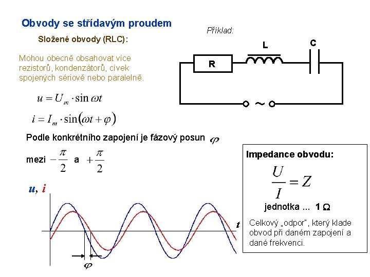 Obvody se střídavým proudem Složené obvody (RLC): Mohou obecně obsahovat více rezistorů, kondenzátorů, cívek