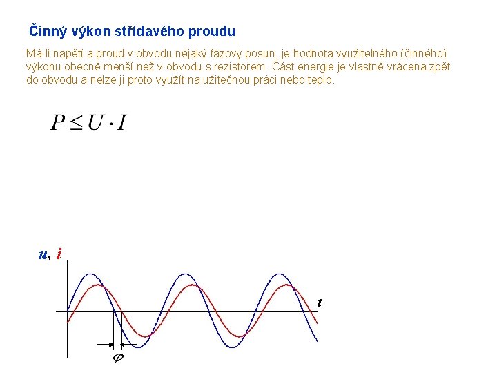 Činný výkon střídavého proudu Má-li napětí a proud v obvodu nějaký fázový posun, je