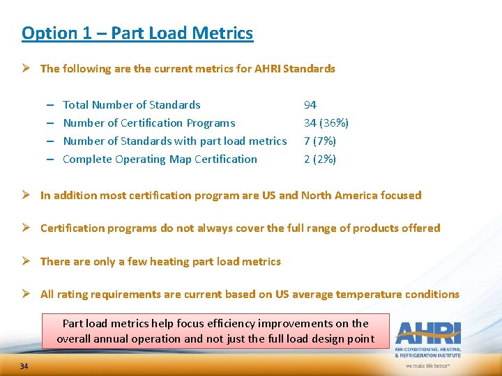 Option 1 – Part Load Metrics Ø The following are the current metrics for Option 1 – Part Load Metrics Ø The following are the current metrics for