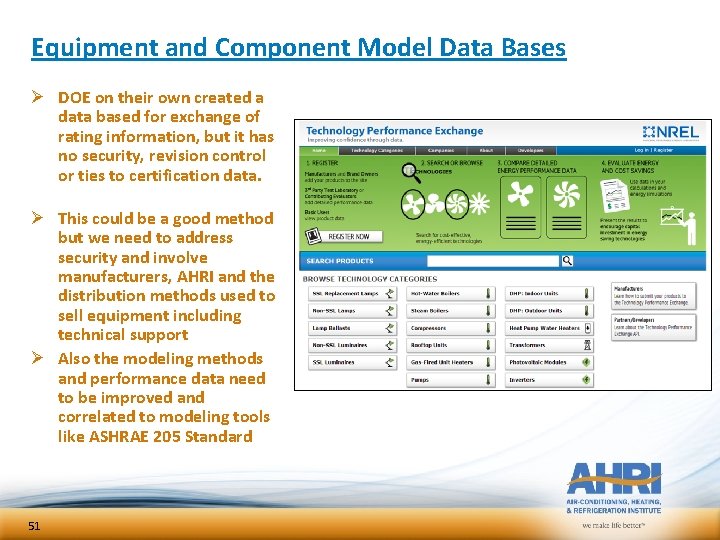 Equipment and Component Model Data Bases Ø DOE on their own created a data Equipment and Component Model Data Bases Ø DOE on their own created a data