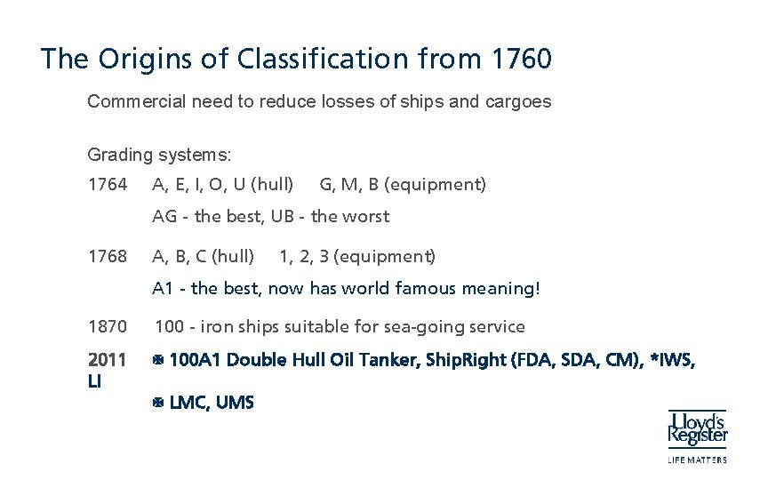 The Origins of Classification from 1760 Commercial need to reduce losses of ships and