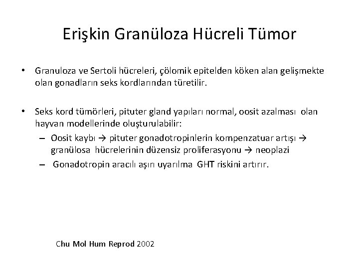 Erişkin Granüloza Hücreli Tümor • Granuloza ve Sertoli hücreleri, çölomik epitelden köken alan gelişmekte