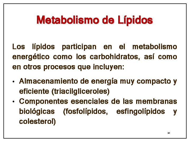 Metabolismo de Lípidos Los lípidos participan en el metabolismo energético como los carbohidratos, así