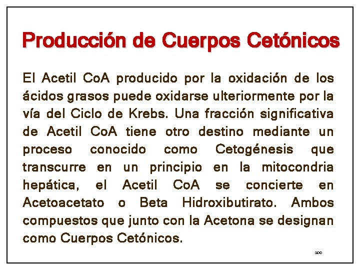 Producción de Cuerpos Cetónicos El Acetil Co. A producido por la oxidación de los