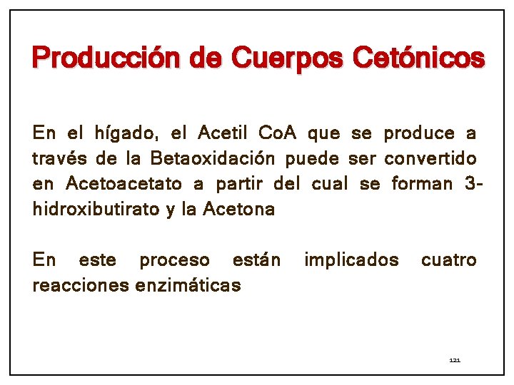 Producción de Cuerpos Cetónicos En el hígado, el Acetil Co. A que se produce