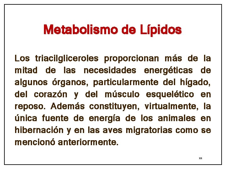 Metabolismo de Lípidos Los triacilgliceroles proporcionan más de la mitad de las necesidades energéticas