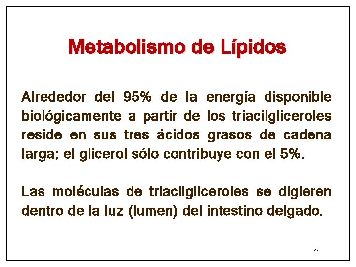 Metabolismo de Lípidos Alrededor del 95% de la energía disponible biológicamente a partir de