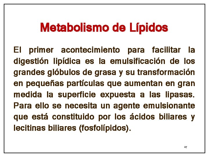 Metabolismo de Lípidos El primer acontecimiento para facilitar la digestión lipídica es la emulsificación