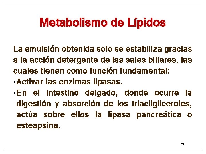 Metabolismo de Lípidos La emulsión obtenida solo se estabiliza gracias a la acción detergente