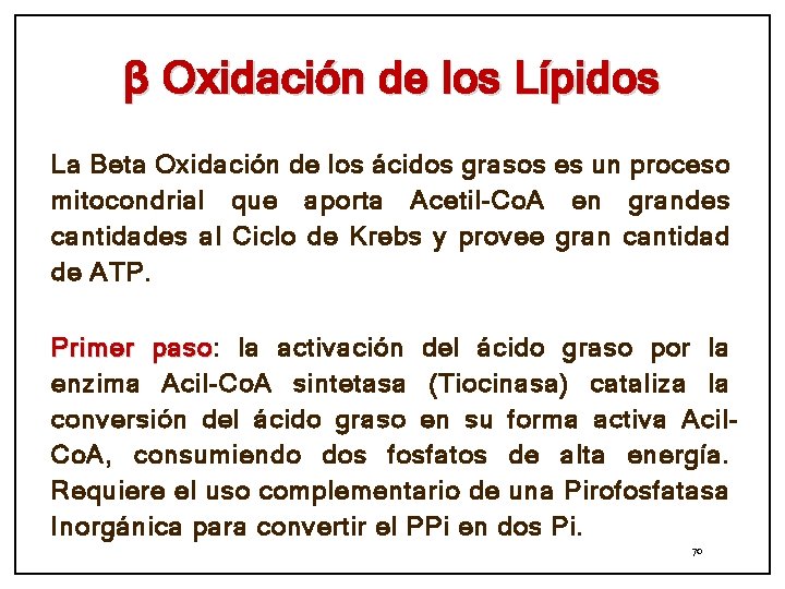 β Oxidación de los Lípidos La Beta Oxidación de los ácidos grasos es un