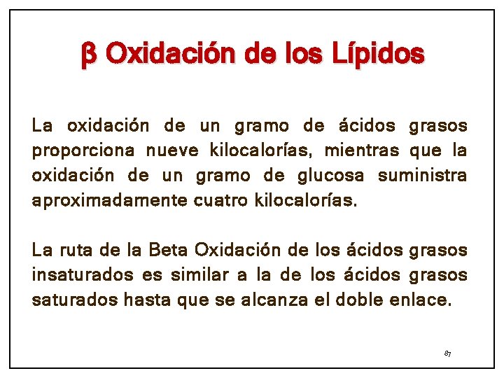 β Oxidación de los Lípidos La oxidación de un gramo de ácidos grasos proporciona