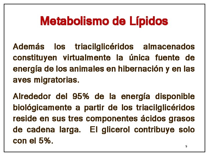 Metabolismo de Lípidos Además los triacilglicéridos almacenados constituyen virtualmente la única fuente de energía