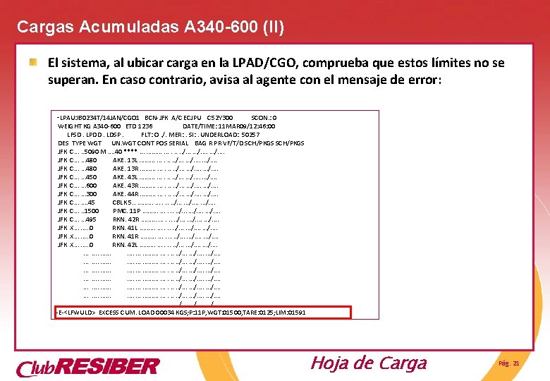 Cargas Acumuladas A 340 -600 (II) El sistema, al ubicar carga en la LPAD/CGO, Cargas Acumuladas A 340 -600 (II) El sistema, al ubicar carga en la LPAD/CGO,