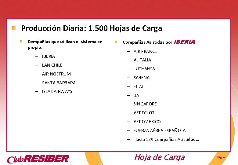 Producción Diaria: 1. 500 Hojas de Carga Compañías que utilizan el sistema en propio: Producción Diaria: 1. 500 Hojas de Carga Compañías que utilizan el sistema en propio: