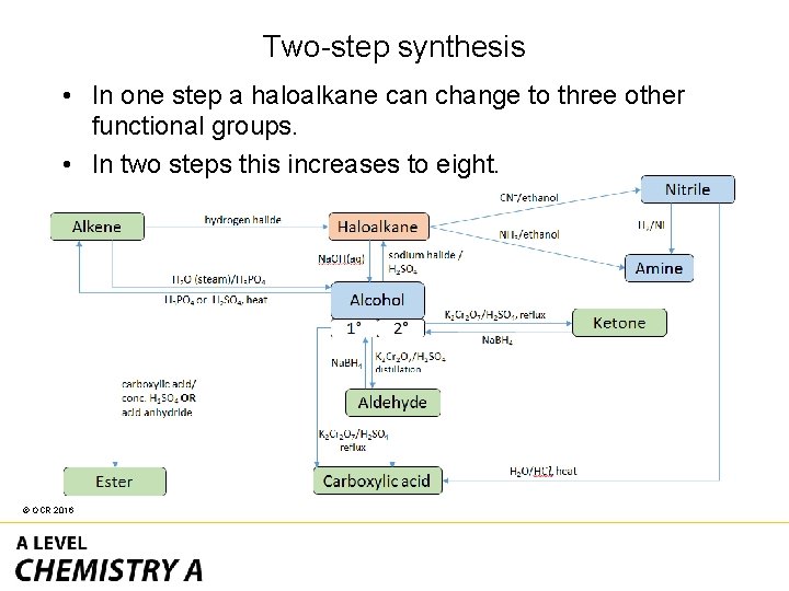 Two-step synthesis • In one step a haloalkane can change to three other functional