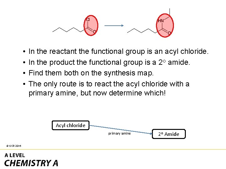  • • In the reactant the functional group is an acyl chloride. In