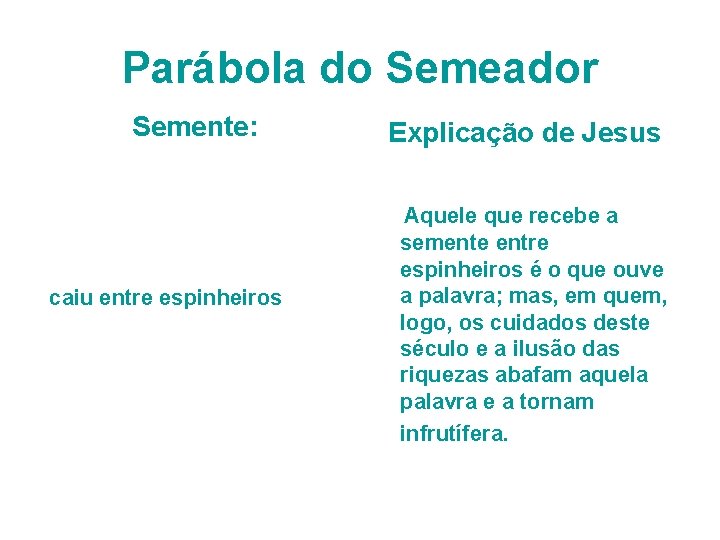 Parábola do Semeador Semente: caiu entre espinheiros Explicação de Jesus Aquele que recebe a Parábola do Semeador Semente: caiu entre espinheiros Explicação de Jesus Aquele que recebe a