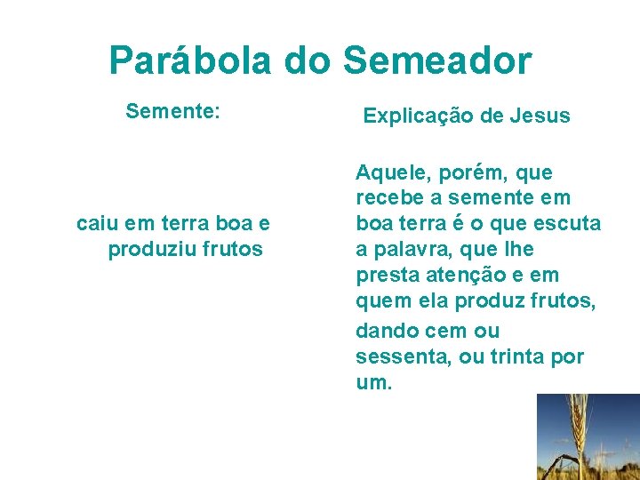 Parábola do Semeador Semente: caiu em terra boa e produziu frutos Explicação de Jesus Parábola do Semeador Semente: caiu em terra boa e produziu frutos Explicação de Jesus