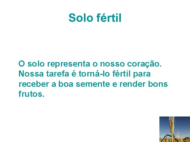 Solo fértil O solo representa o nosso coração. Nossa tarefa é torná-lo fértil para Solo fértil O solo representa o nosso coração. Nossa tarefa é torná-lo fértil para