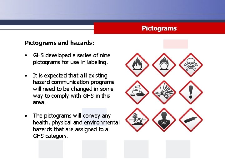 Pictograms and hazards: • GHS developed a series of nine pictograms for use in