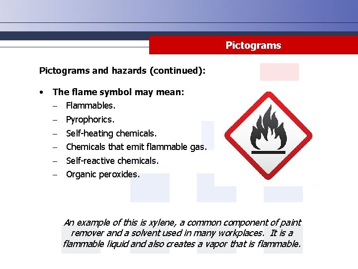 Pictograms and hazards (continued): • The flame symbol may mean: - Flammables. - Pyrophorics.