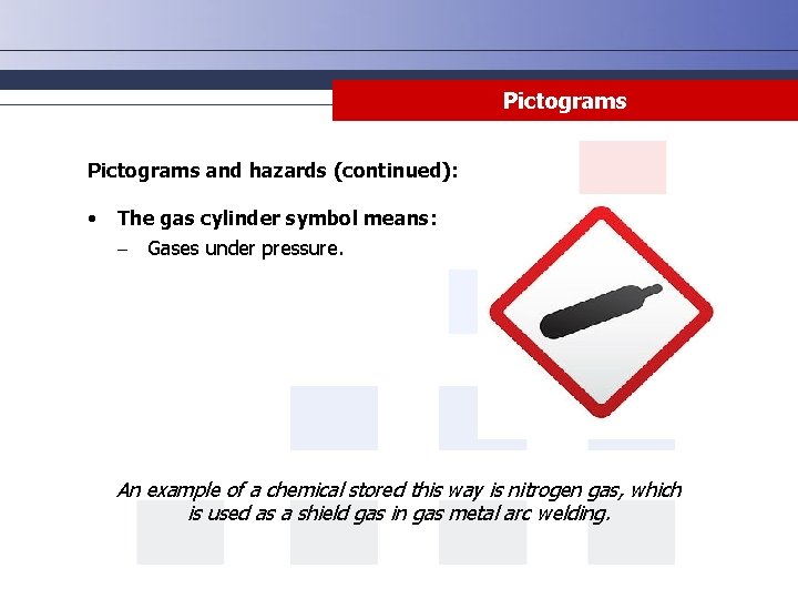 Pictograms and hazards (continued): • The gas cylinder symbol means: - Gases under pressure.