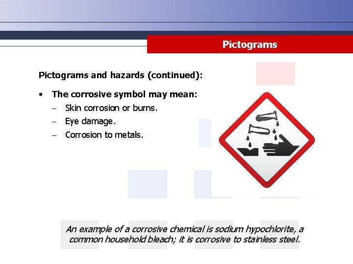 Pictograms and hazards (continued): • The corrosive symbol may mean: - Skin corrosion or