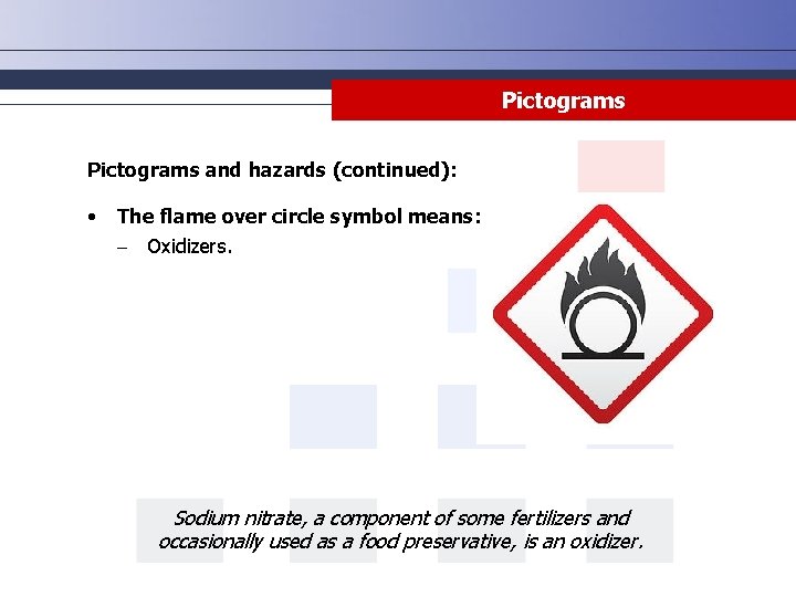 Pictograms and hazards (continued): • The flame over circle symbol means: - Oxidizers. Sodium