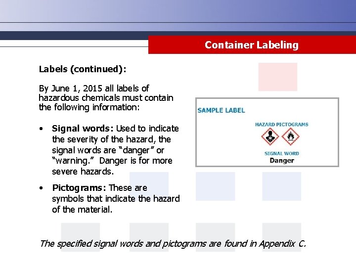 Container Labeling Labels (continued): By June 1, 2015 all labels of hazardous chemicals must