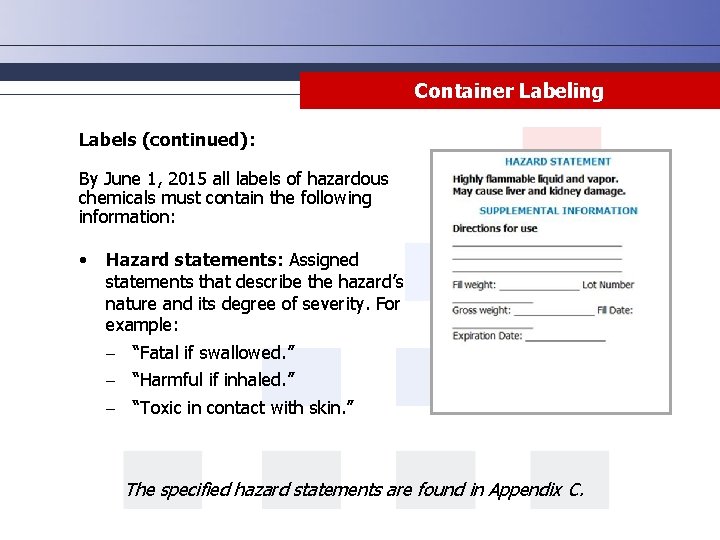 Container Labeling Labels (continued): By June 1, 2015 all labels of hazardous chemicals must