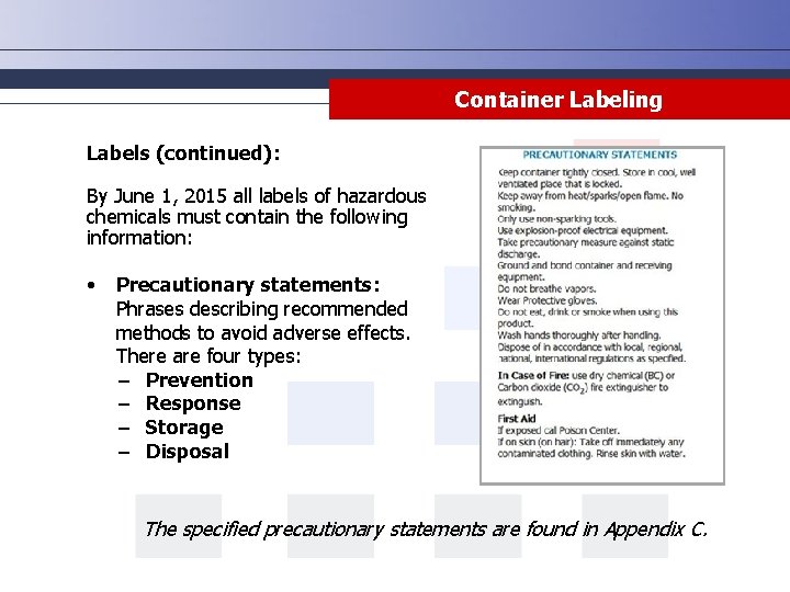 Container Labeling Labels (continued): By June 1, 2015 all labels of hazardous chemicals must