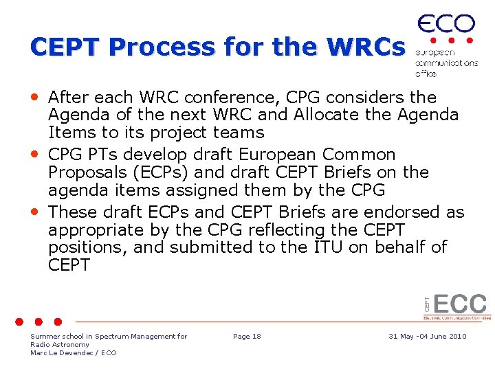 CEPT Process for the WRCs • After each WRC conference, CPG considers the Agenda