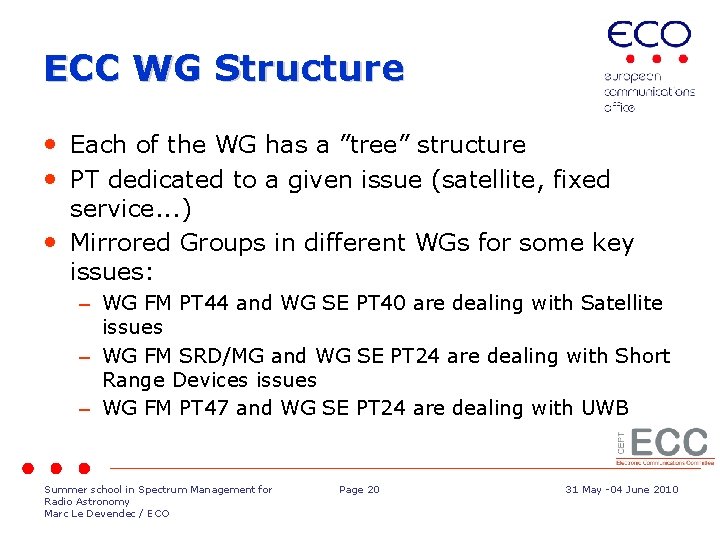 ECC WG Structure • Each of the WG has a ”tree” structure • PT
