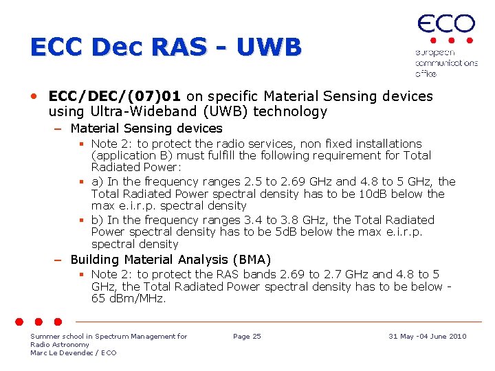 ECC Dec RAS - UWB • ECC/DEC/(07)01 on specific Material Sensing devices using Ultra-Wideband