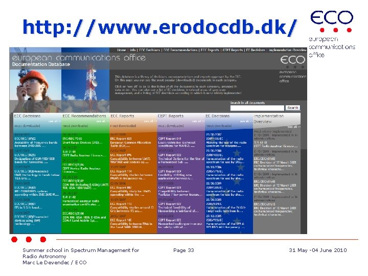 http: //www. erodocdb. dk/ Summer school in Spectrum Management for Radio Astronomy Marc Le