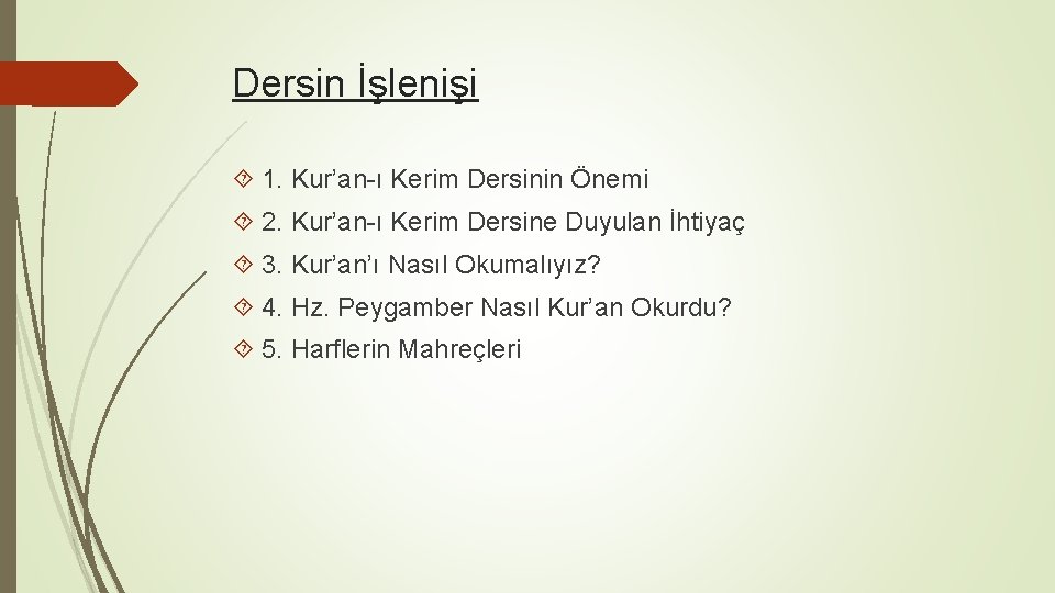 Dersin İşlenişi 1. Kur’an-ı Kerim Dersinin Önemi 2. Kur’an-ı Kerim Dersine Duyulan İhtiyaç 3.