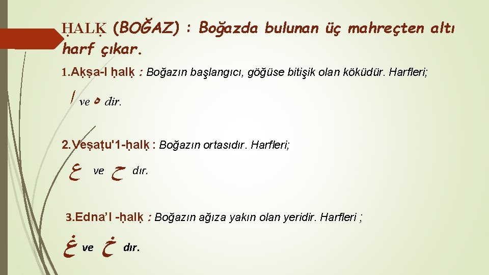 ḤALḲ (BOĞAZ) : Boğazda bulunan üç mahreçten altı harf çıkar. 1. Aḳṣa-l ḥalḳ :