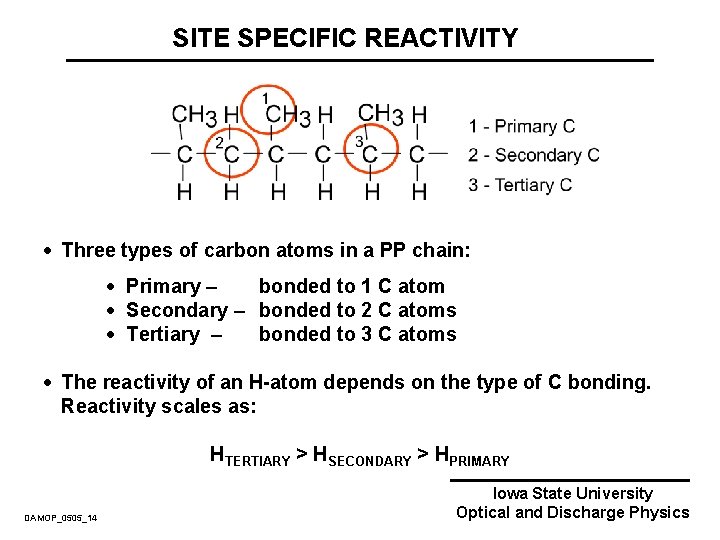 SITE SPECIFIC REACTIVITY · Three types of carbon atoms in a PP chain: ·