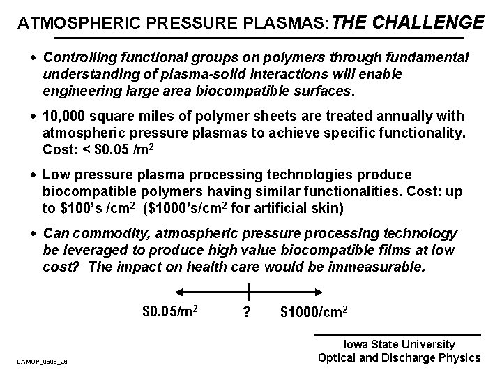 ATMOSPHERIC PRESSURE PLASMAS: THE CHALLENGE · Controlling functional groups on polymers through fundamental understanding