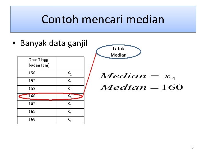 Contoh mencari median • Banyak data ganjil Data Tinggi badan (cm) 150 X 1