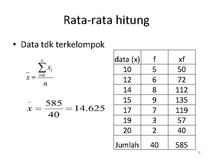 Rata-rata hitung • Data tdk terkelompok data (x) 10 12 14 15 17 19 Rata-rata hitung • Data tdk terkelompok data (x) 10 12 14 15 17 19