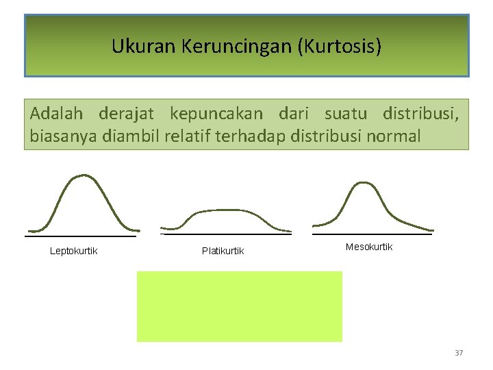 Ukuran Keruncingan (Kurtosis) Adalah derajat kepuncakan dari suatu distribusi, biasanya diambil relatif terhadap distribusi